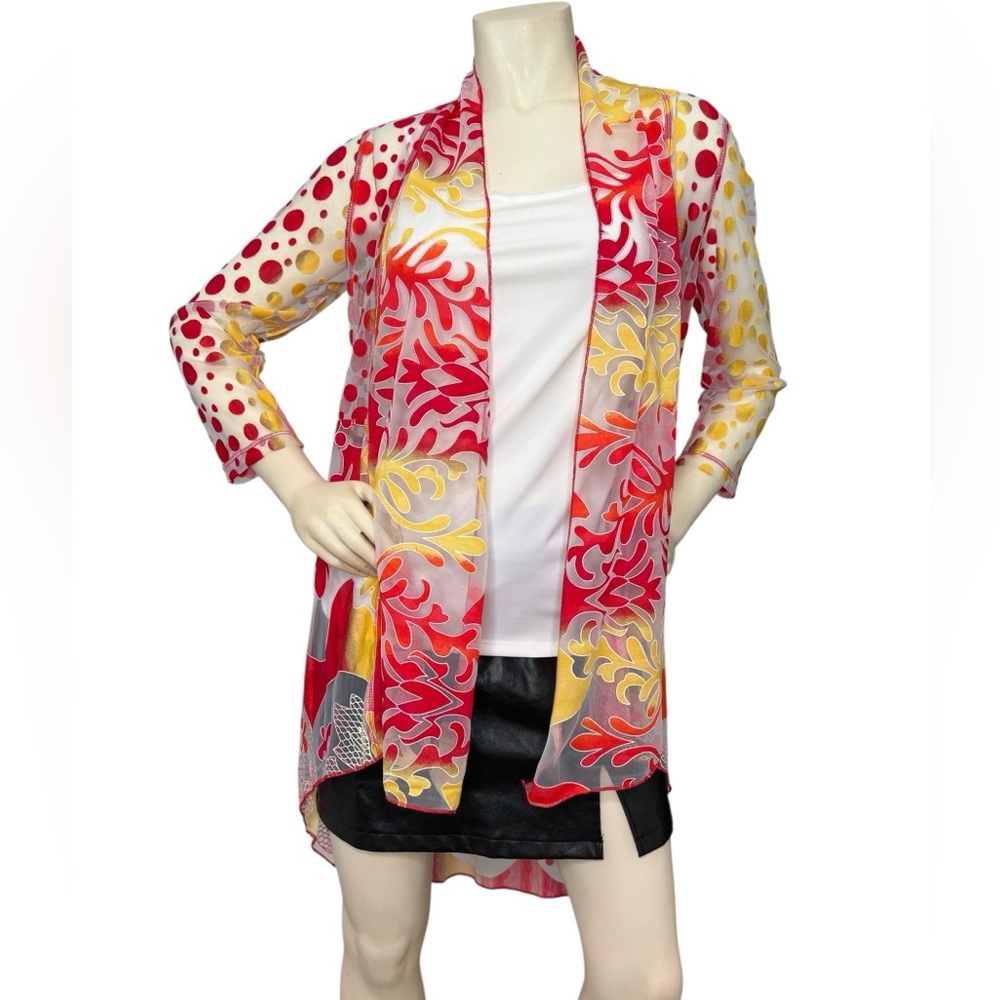 MULTIPLES Red, Yellow & Orange Dot Paisley Pattern 3/4 Sleeve Kimono Cardigan, S